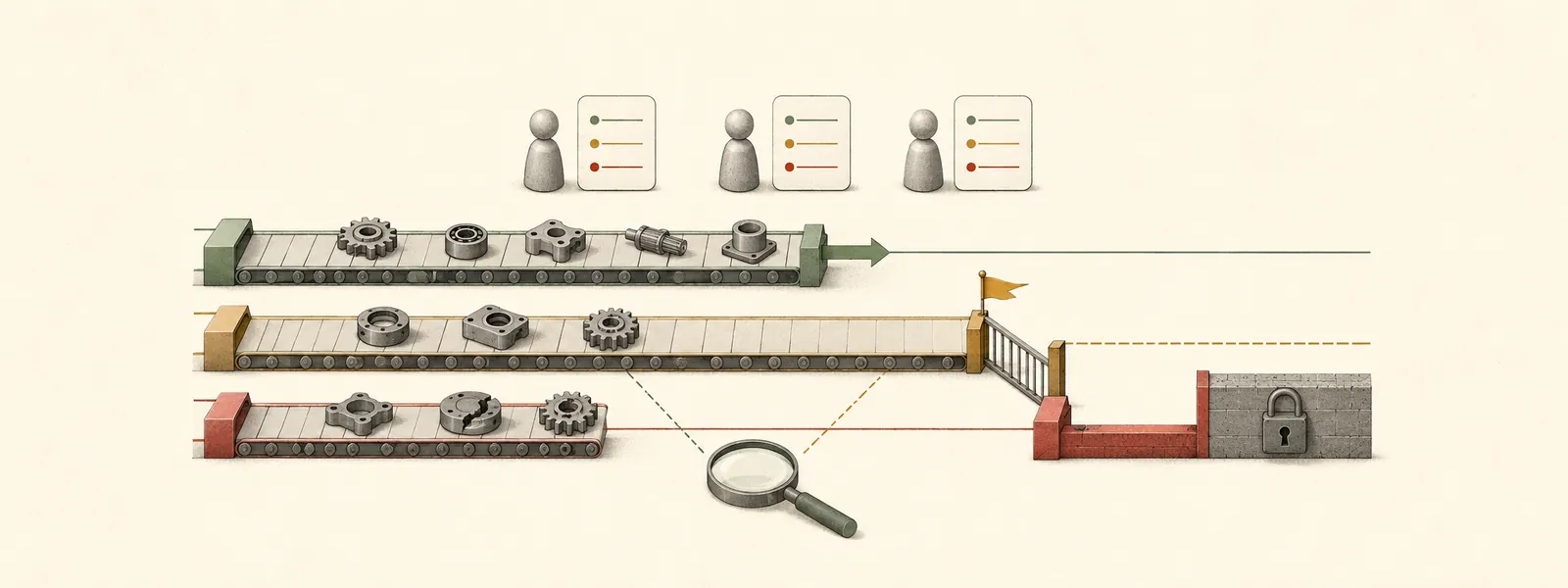 Three partitioned authority lanes for automatic action, flagged review, and prohibited work, checked by an inspection lens