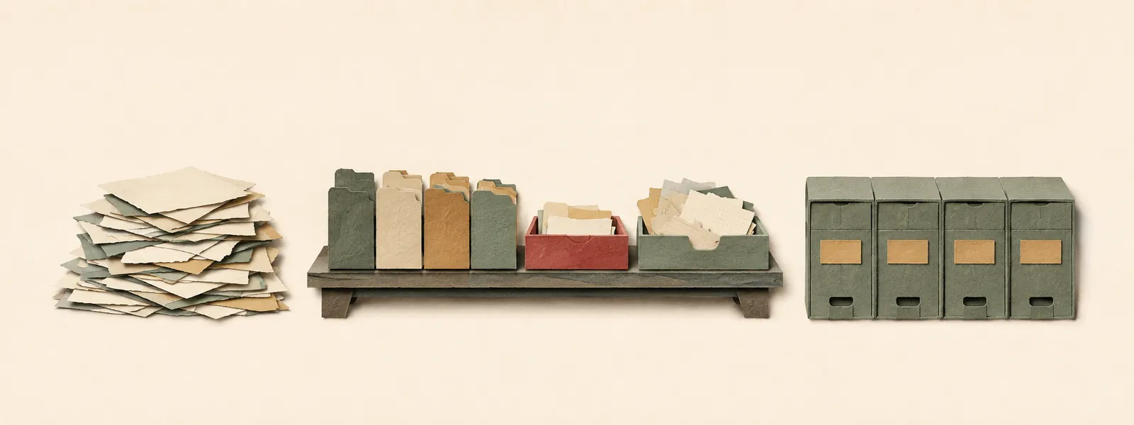 A scattered pile of documents being sorted on a table into a small set of orderly archive drawers