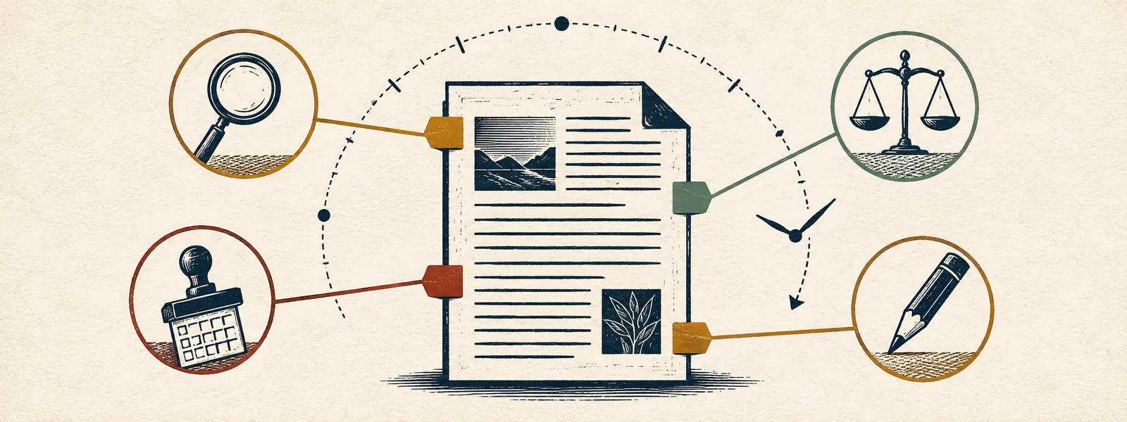 A shared annotated document connected to several specialist review instruments arriving on a recurring schedule