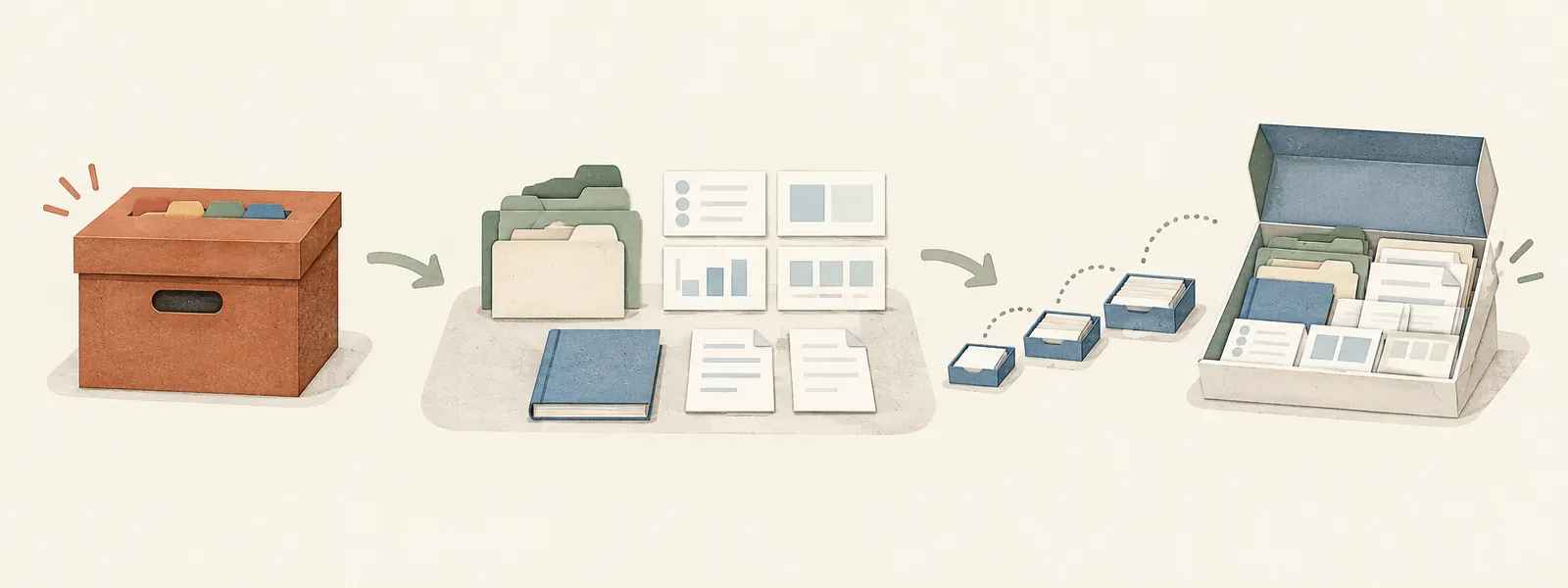 A private archive yielding blank folders, dashboard templates, and source materials that are assembled into a reusable starter kit in gradual batches
