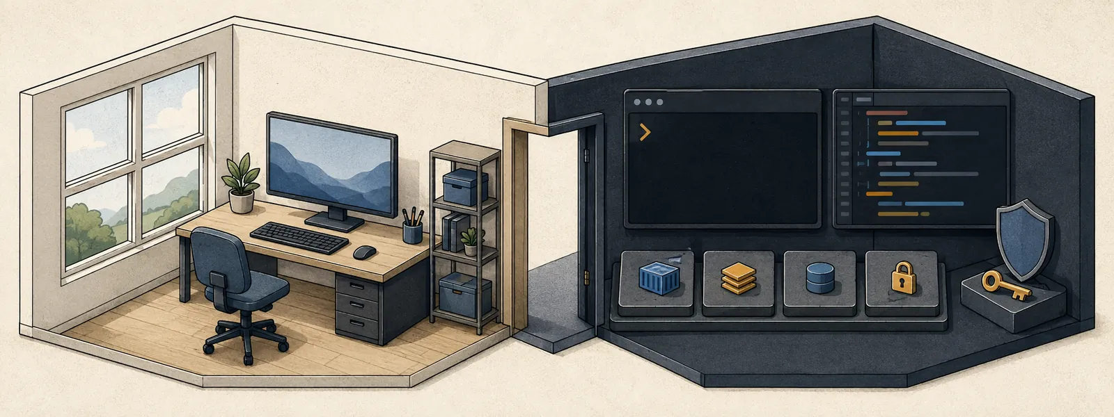 Two adjacent workspaces joined by a doorway, with a desktop on one side and a secure terminal and development tools on the other